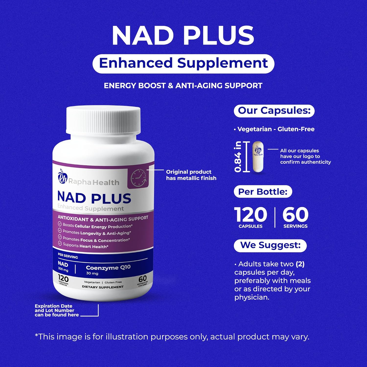 NAD | Advanced Energy & Anti-Aging Formula | with NAD and Coenzyme Q10 | Supports Heart & Cognitive Health | 120 Capsules - 60 Day Supply