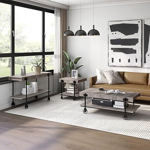 Miniatura 2 de Furniture of America Cleon Industrial - Juego de mesa de sofá y mesa de sofá con ruedas para sala de estar, color negro y roble rústico (3 piezas)