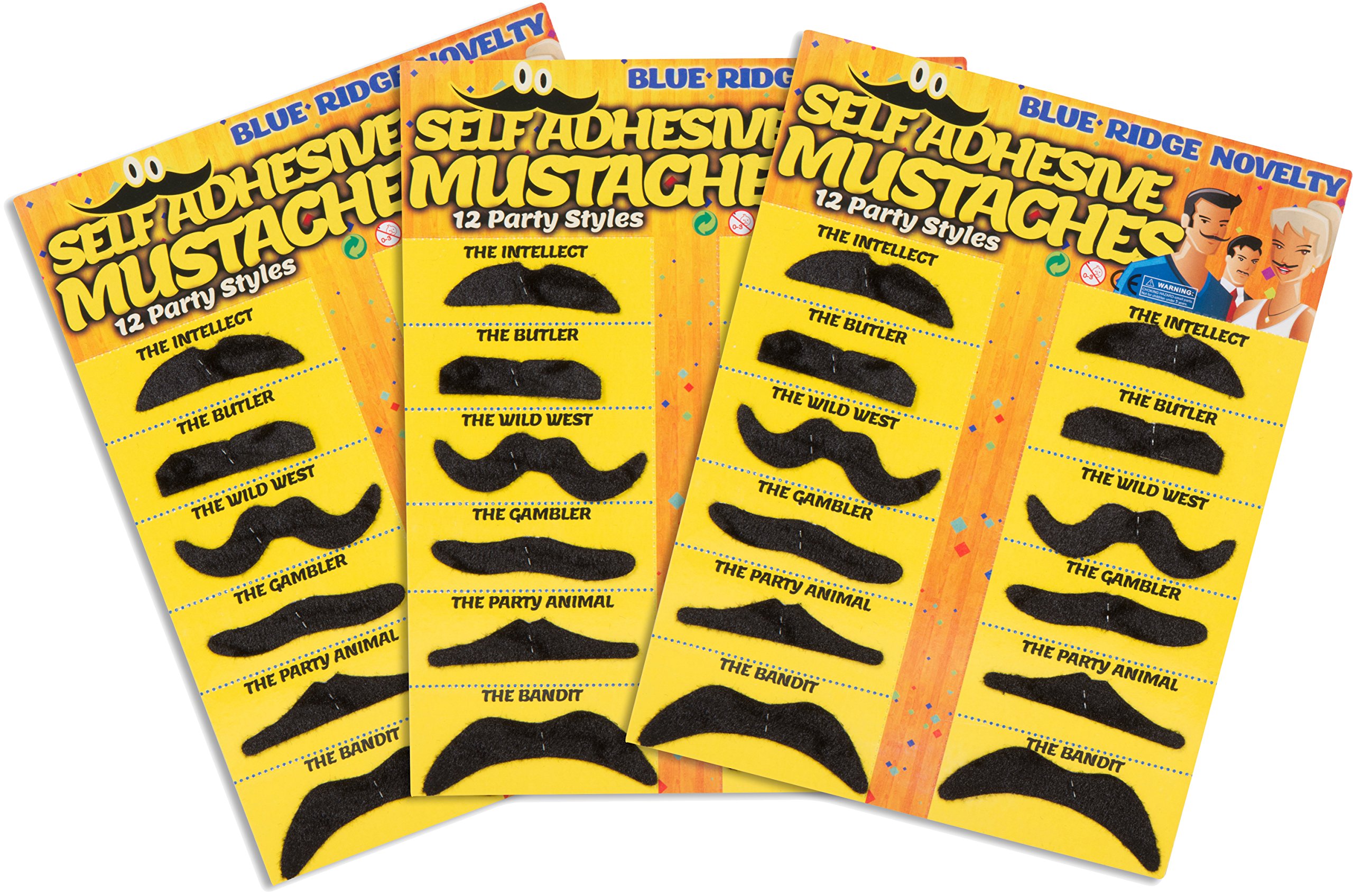 Self Adhesive Fake Mustache Novelty - Set of 36 - by Blue Ridge Novelty, Black, 12"