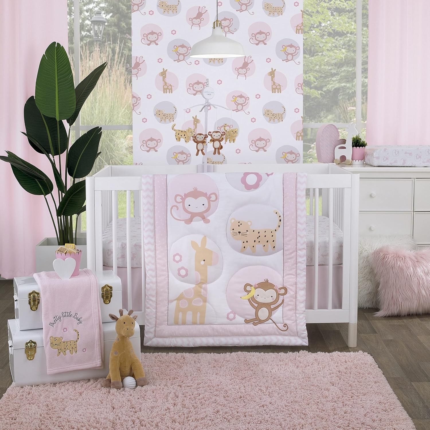 Little Love by NoJo Sweet Jungle Friends Pink and Tan Plush Monkey and Cheetah Musical Mobile