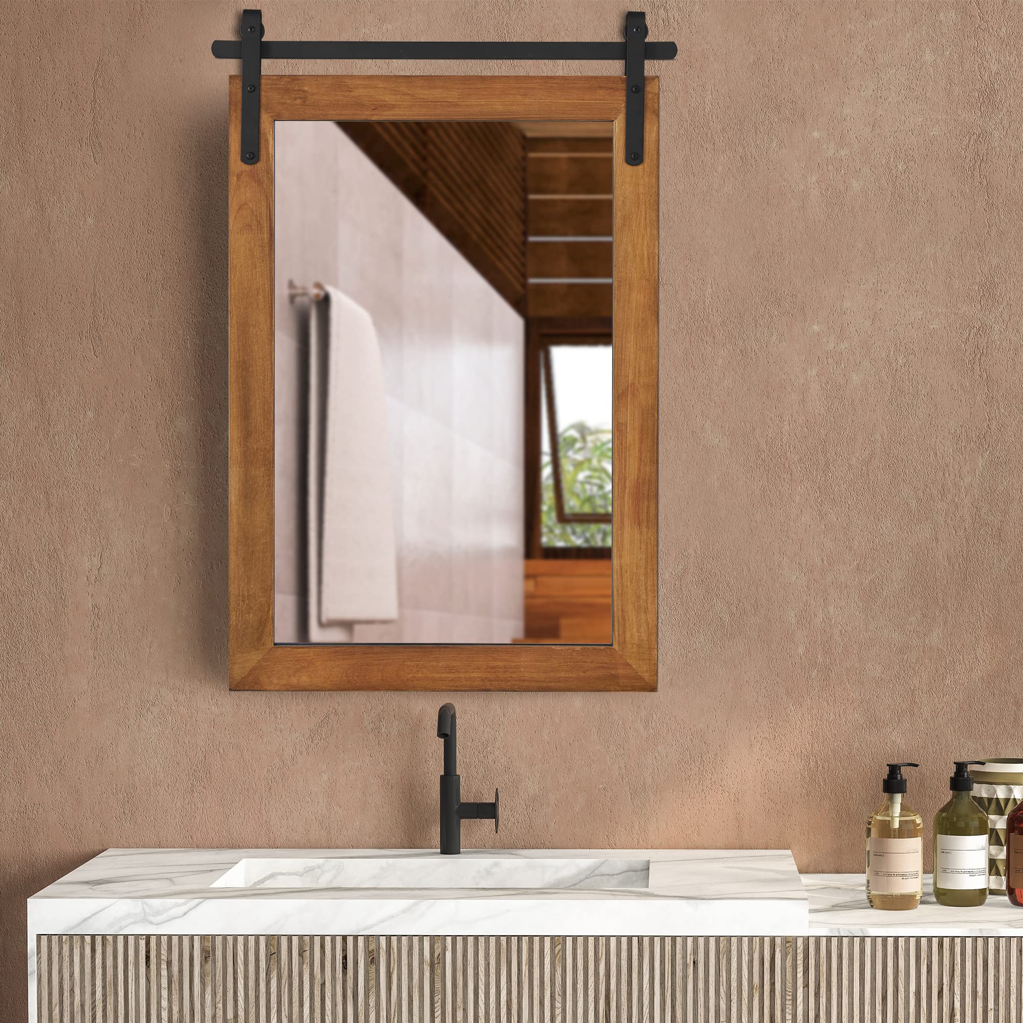 KARTOOSH Farmhouse Mirror Wood Frame Barn Door Mirror Rustic Bathroom ...