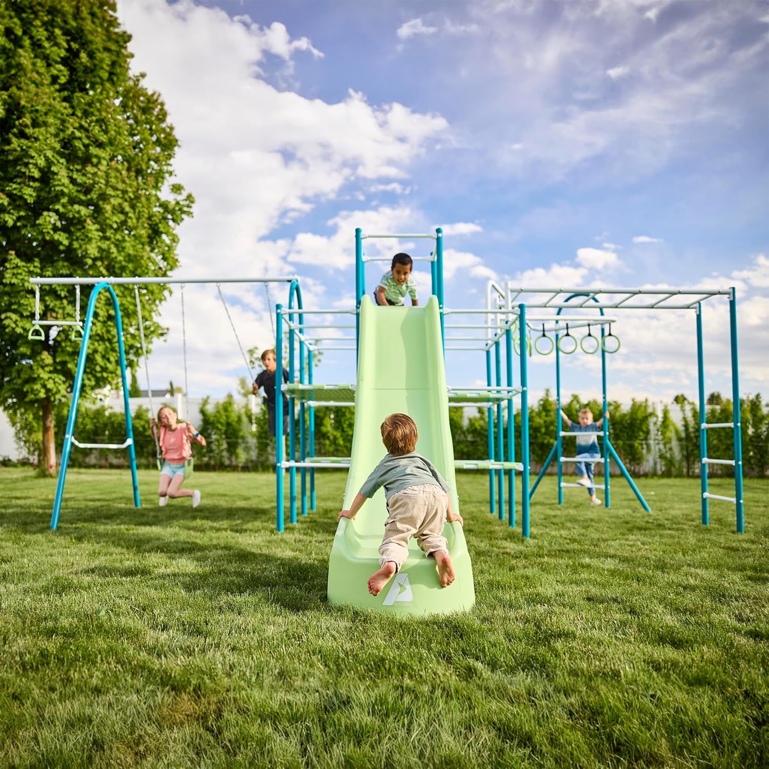 Modular Jungle Gym Set for Kids by ACTIVPLAY, Outdoor Playset, Swing, Slide, Jungle Line, Monkey Bars, Rust Resistant, No Pinch Joints, Adjustable Platforms with Safety Grooves, Heavy Duty Metal Frame