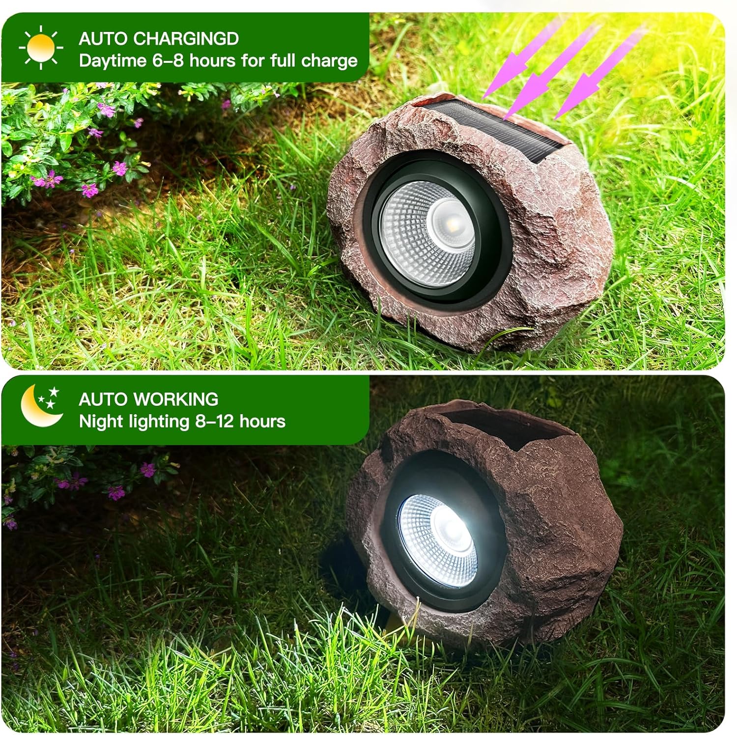 Image illustrating the solar rock light charging during the day and illuminating at night.