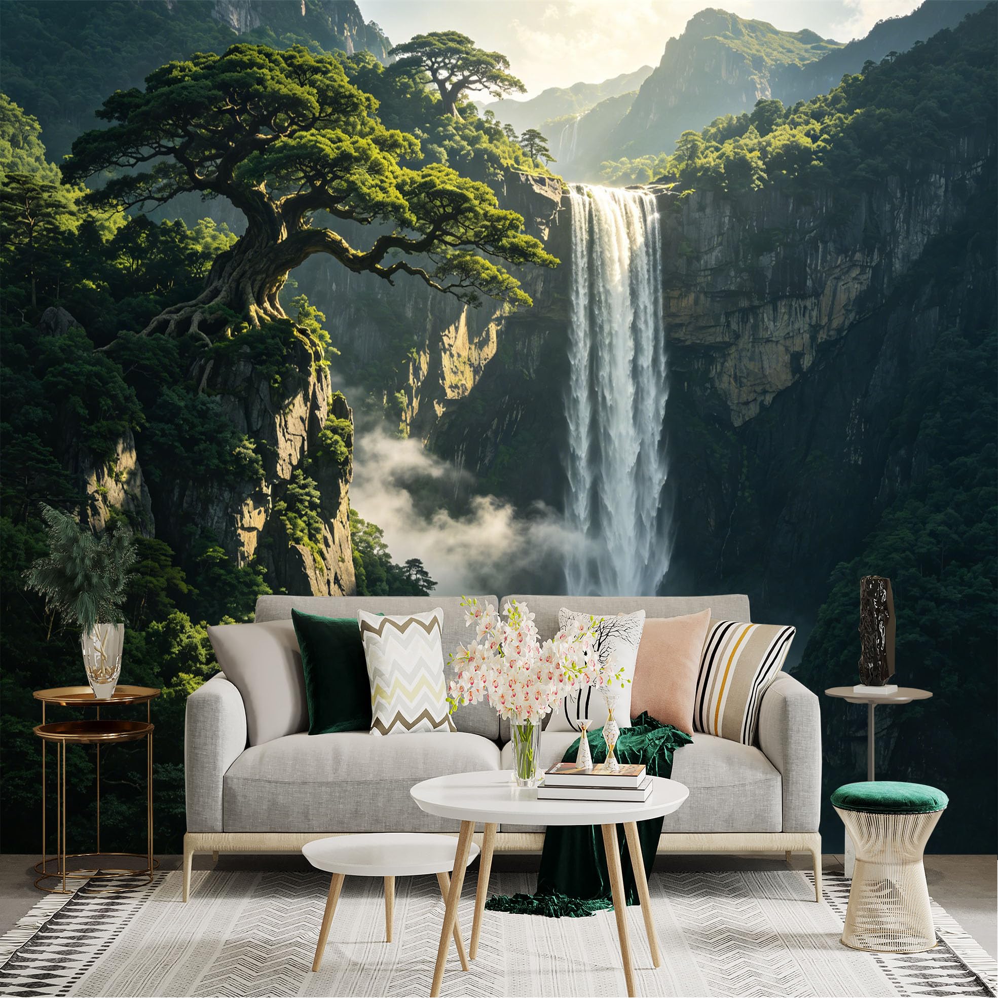 Lnzczhyre Dbh260521030 Custom Size Wall Sticker Mural， Majestic Waterfall， Ancient Pine Tree On Cliff， Misty Mountain Landscape， Scenic Nature View， For Wall Decoration， Peelandstick Wall Decals.