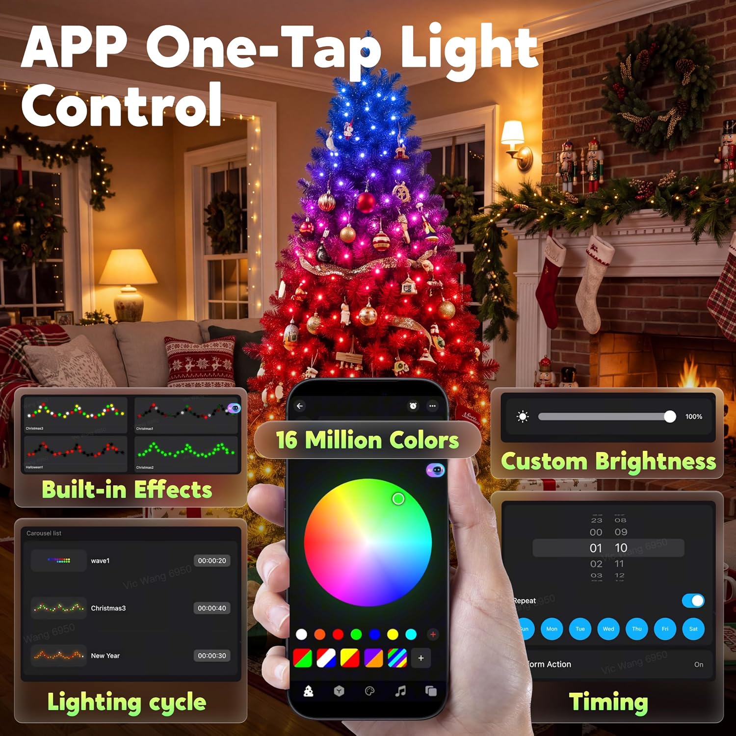 JOYIN 6 FT Full Size Prelit Artificial Christmas Tree, 300 RGB Lights, App & Remote Control, Hinged Branches, Includes Gloves, Metal Stand, Easy Setup, Realistic Holiday Decoration for Indoor Decor