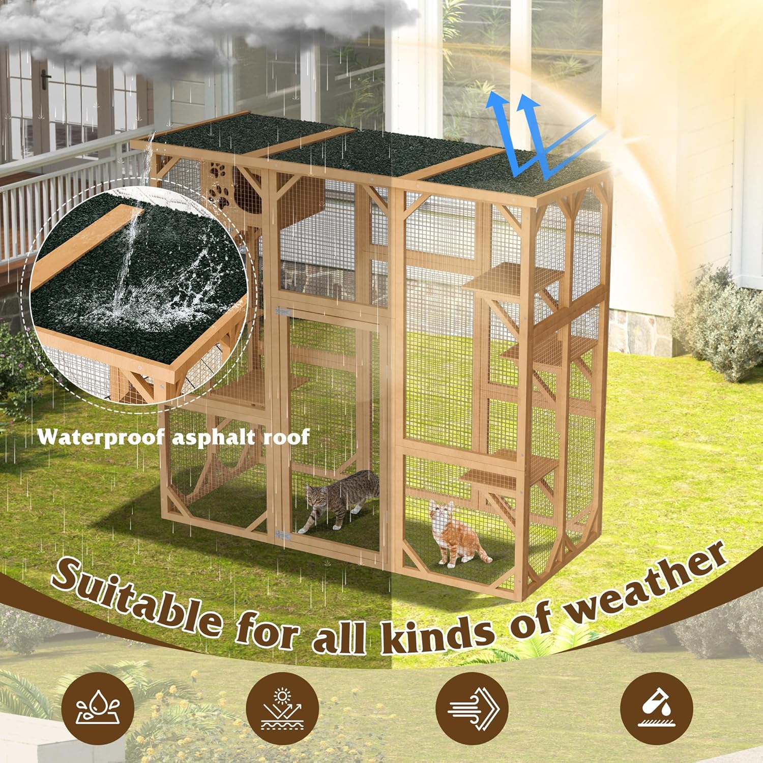 Catio Cat House Cage Enclosure, Outdoor/Indoor Wooden Cat Enclosures with Separate Kennel, 5 Large Platforms and Waterproof Asphalt Roof for Patio, Backyard (Burlywood)