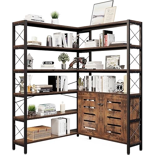 Corner Bookshelves and Bookcases Industrial Corner Etagere Bookcase L Shaped Shelf 6 Tiers with Metal Frame for Living Room Home Office