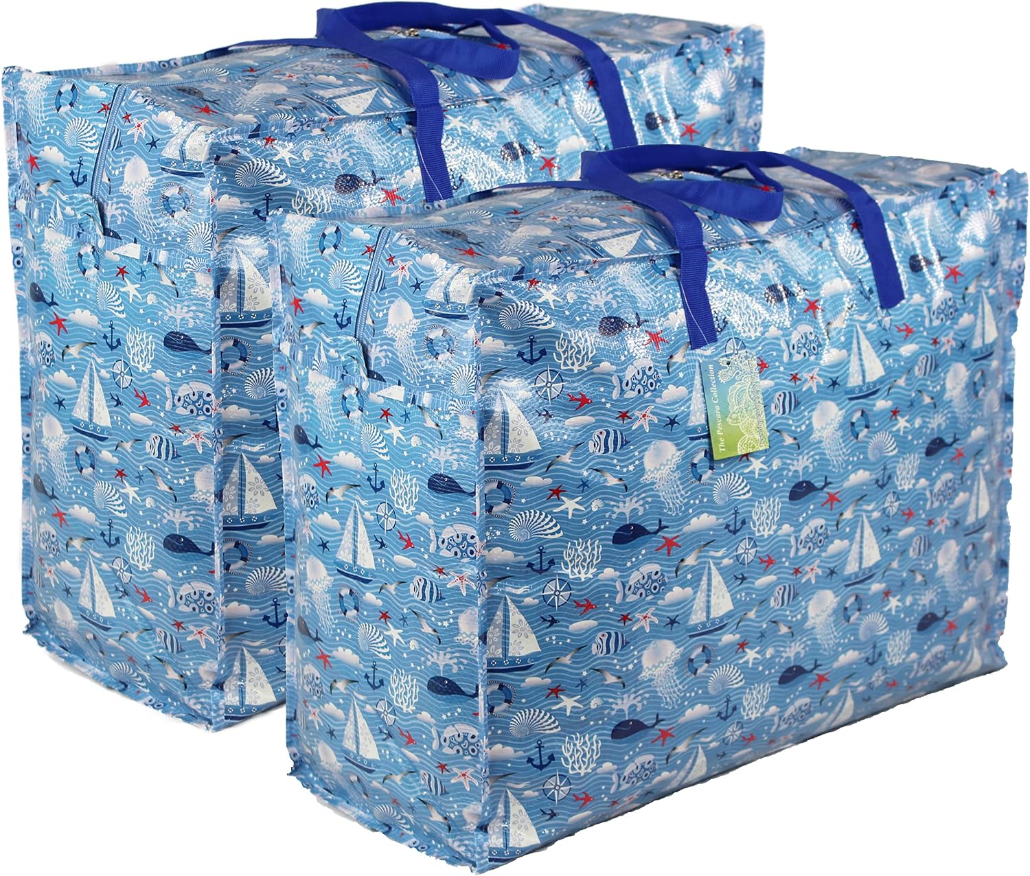 Storage Bags Water & Dust Resistant. Double zipped storage bags for toys, laundry, bedding. Underbed Wardrobe Space Saver Blue Seaside print (65 ltr 2x Pack)
