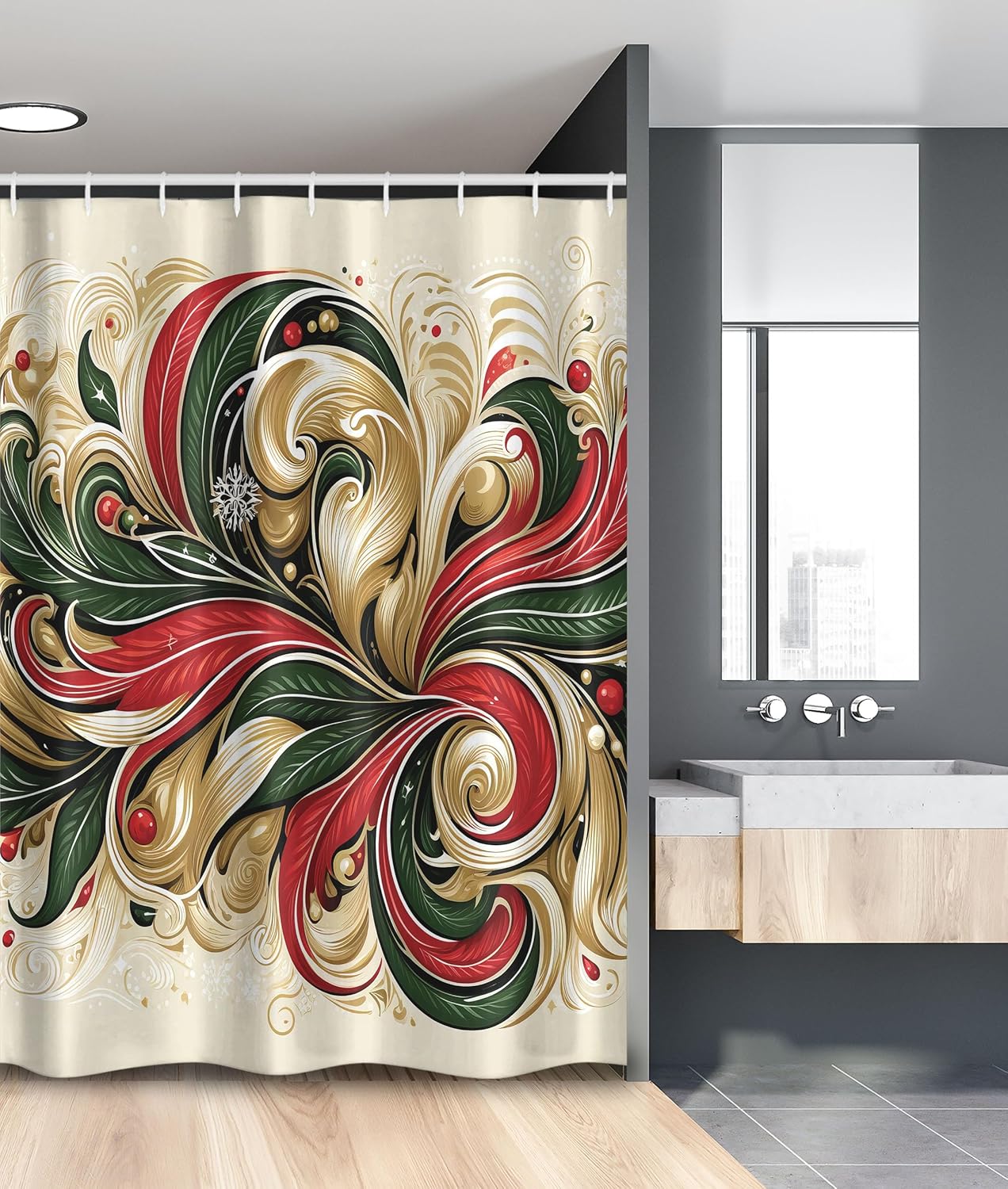 Ambesonne Christmas Stall Shower Curtain, Classic Xmas Curlicue Leaves with Dots and Snowflake Victorian Aura, Fabric Bathroom Decor Set with Hooks, 54" W x 78" L, Khaki Dark Pink Green