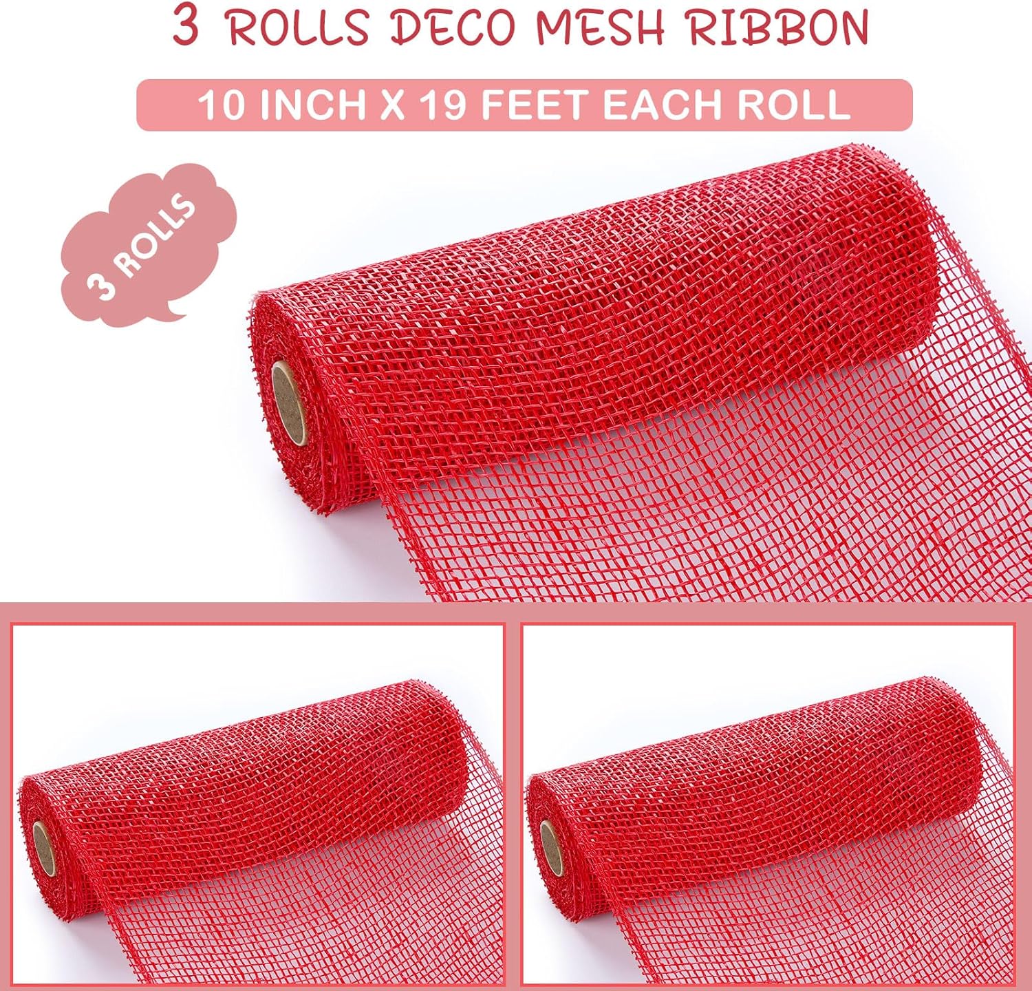 Chuangdi 3 Rolls Poly Burlap Deco Mesh 10 Inch Red Deco Poly Decorative Mesh Ribbon Wrapping Ribbon Rolls for Home Door Wreath Decoration DIY Crafts Making