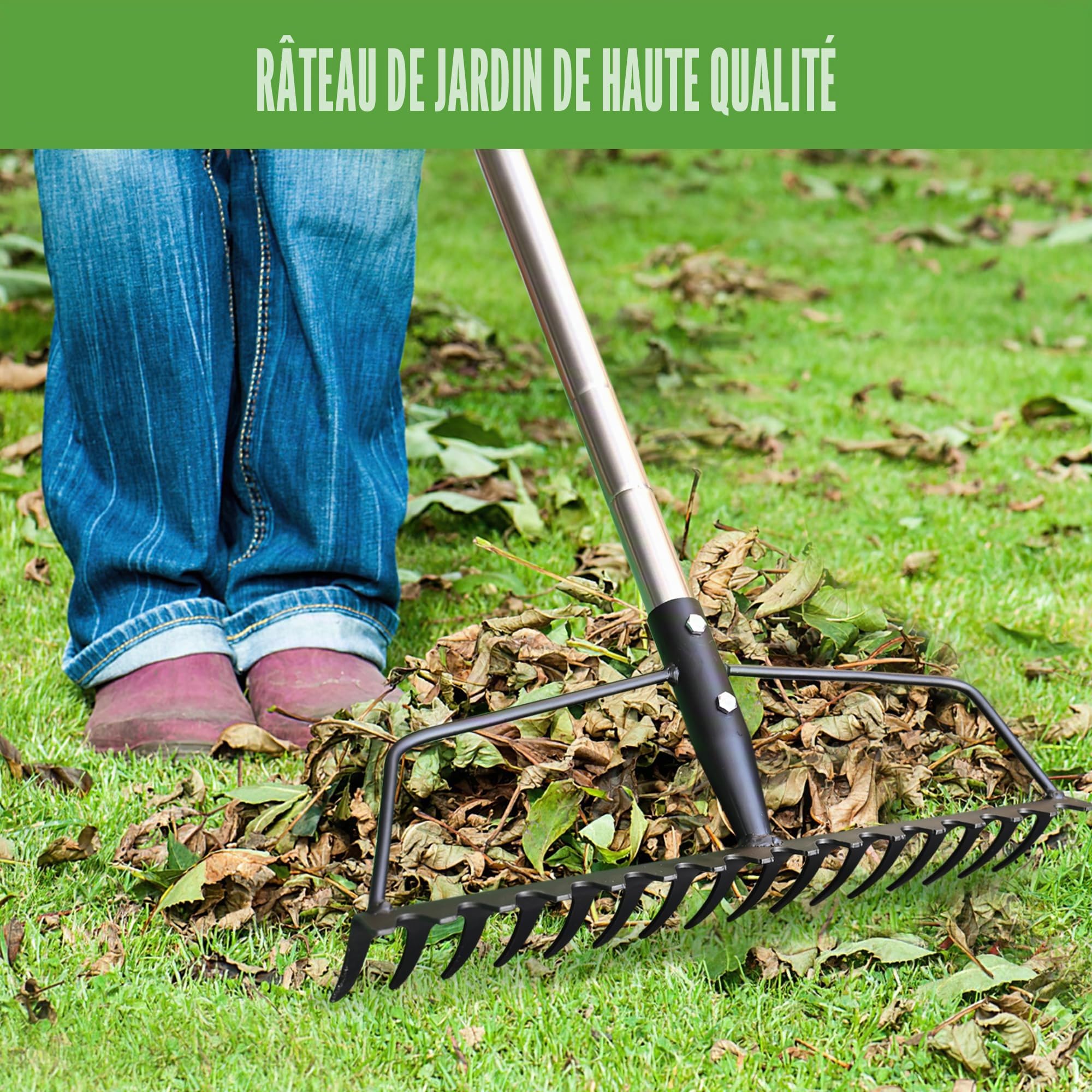 YEELOR Râteau de Jardin, en Acier au Carbone Robuste et Robuste, râteau en Arc avec poignée réglable en Acier Inoxydable, râteau à Main Longue pour ameublir Le nivellement du Sol et ramasser Les