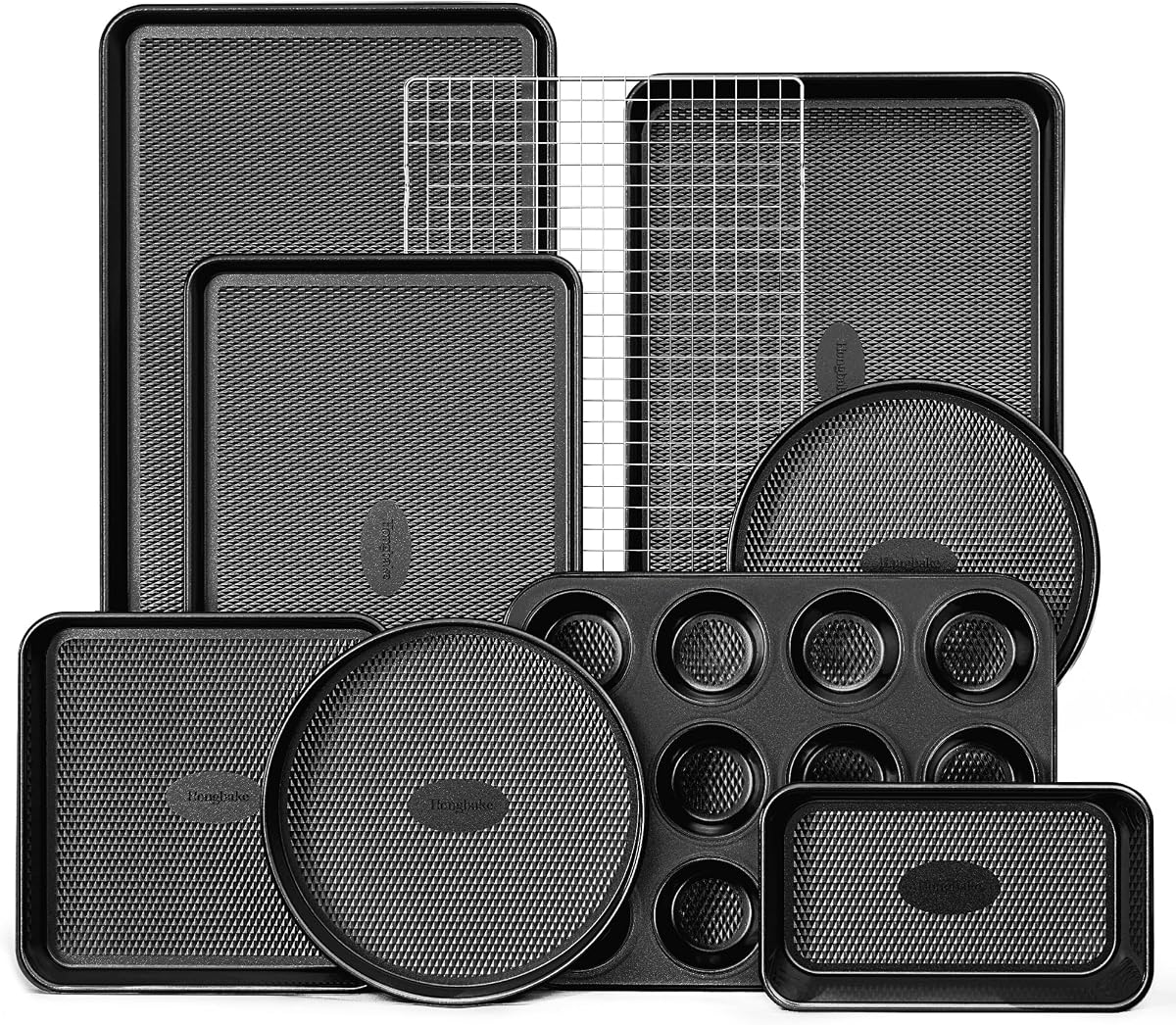 9-Piece Baking Pans Set Nonstick, Stackable Non Toxic Bakeware Sets with Diamond Texture, Oven Pan Set for Cooking, Includes Cookie Sheet with Rack, Cake Pan, Roasting Pan, Muffin Tin, Gray