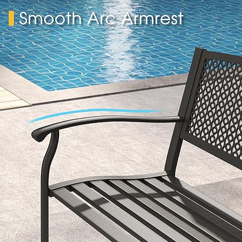 Miniatura 12 de VICLLAX Outdoor Garden Bench, 50” Long Metal Patio Bench with Backrest and Armrests, Modern Slatted Black Park Bench for Front Porch, Lawn, Yard