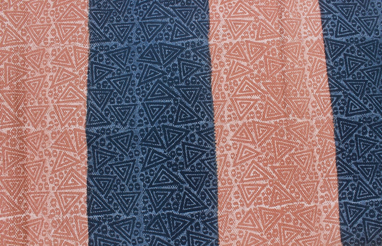 Kelim Teppich, quadratisch, handbedruckt, Baumwolle, Dhurrie, rosa und blau, gestreiftes Design, Handwäsche, 0,5 cm dick, handgefertigt, Boho, für drinnen und draußen, Flachgewebe, Teppiche für Flur