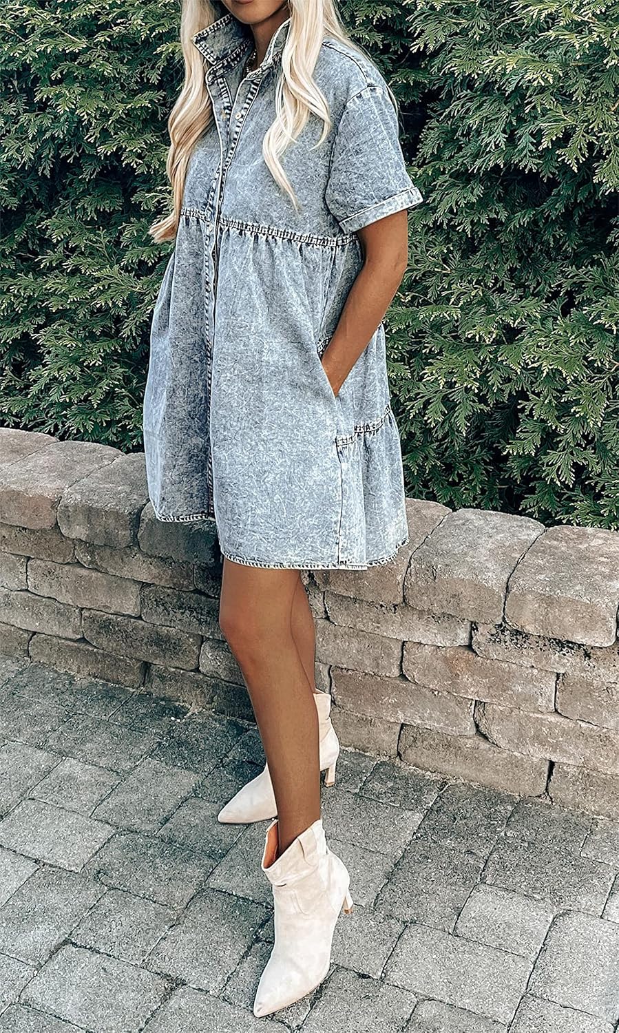 Women's Denim Dress for Women Cute Blue Babydoll Denim Shirt Dress Denim Dress with Pockets - Image 5