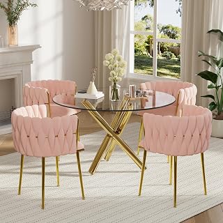 HAIZAO Gold Glass Round Dining Table Set for 4, 39'' Clear Dinner Table Set, 5 PCS Modern Circle Kitchen Table and Pink Woven Chairs Set, Luxury Circular Dinette Set, for Small Apartment Home