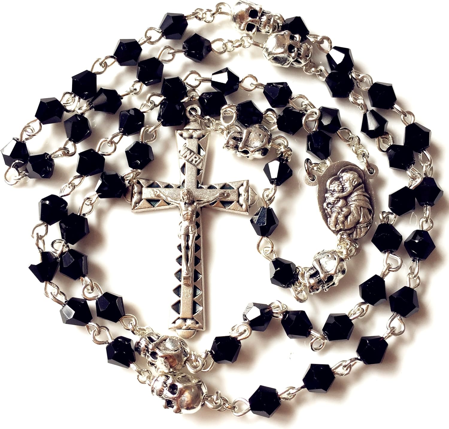 elegantmedical silver skull Beads black Crystal 5 Decade rosary cross crucifix Catholic Necklace - Image 6