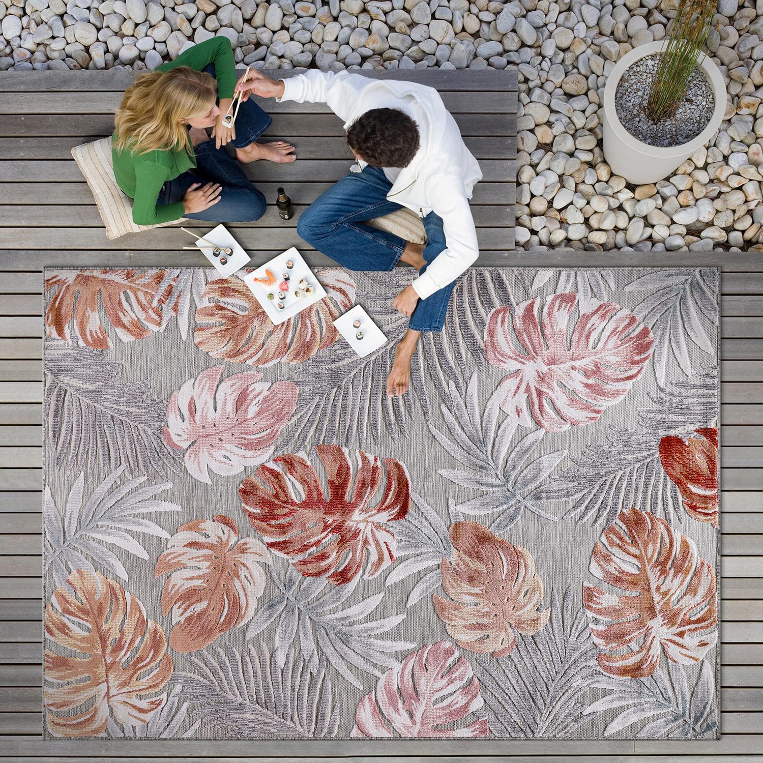 CAMILSON Indoor/Outdoor Rug, Multi 5'3"x7' Leaf Tropical Botanical Area Rugs for Indoor and Outdoor patios, Easy-Cleaning Non-Shedding Living Room, Garden and Kitchen Washable Outside Carpet (5x7)