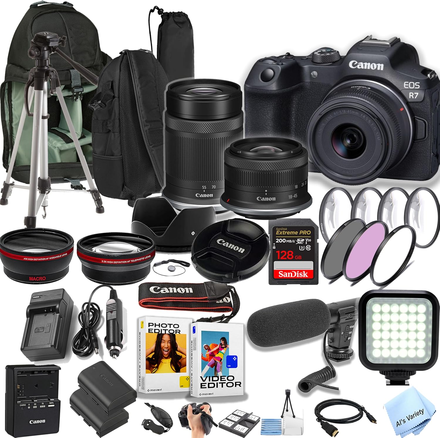 Canon EOS R7 32.5MP Dual Pixel CMOS AF II Mirrorless Camera with 18-45mm and 55-210mm Lense+ Sling Backpack + 128GB Memory Card + Video Light + Microphone + More (Pro Video Bundle) (Renewed)