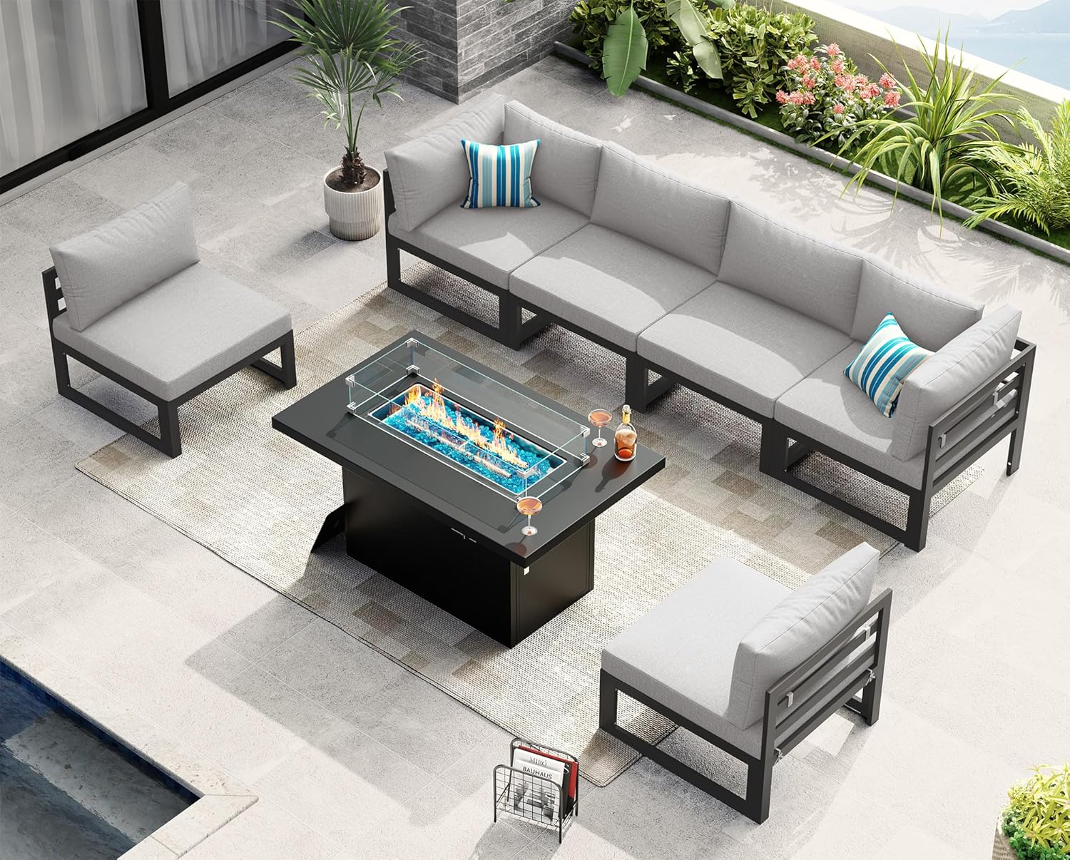 NICESOUL Powder Coated Aluminum Patio Furniture Set with Fire Pit Table, 7 Piece Deep Seat Extra Wide Outdoor Sectional Sofa for 6, L Shaped Luxury Large Conversation Set for Poolside, Light Gray