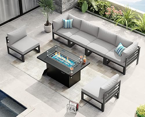 Miniatura 926 de NICESOUL 7 Piece White Powder-Coated Aluminum Patio Furniture with Fire Pit Table, 29 Inch Extra Wide Outdoor Sectional Sofa for 6, High-End Heavy