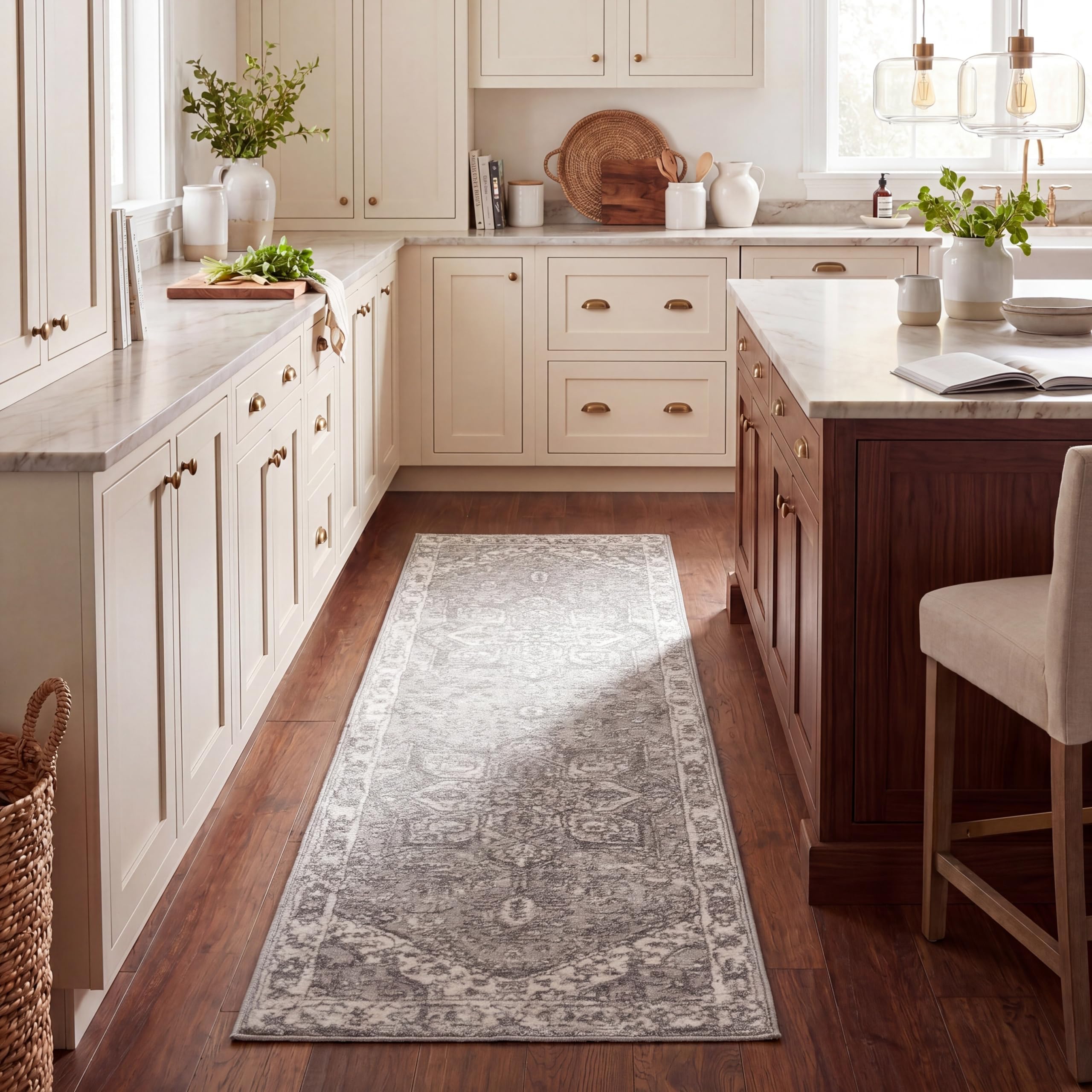 Traditional Indoor Woven Runner Area Rug, Brentwood Collection, BNT852, in Cream / Grey, 61 X 244 cm for Living Room, Bedroom or Any Indoor Space
