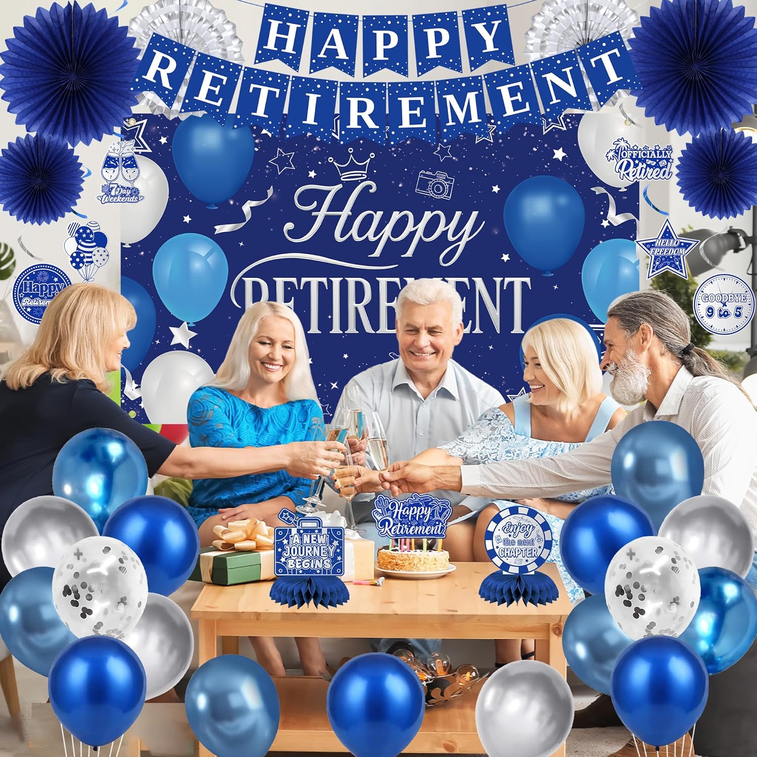 Holkcog Blue Retirement Party Decorations for Women, Silver Blue Happy Retired Banner Backdrop Paper Fan Hanging Swirls for Coworker, I'm Retired Cake Top & Honeycomb Set, Great for Retiring Women