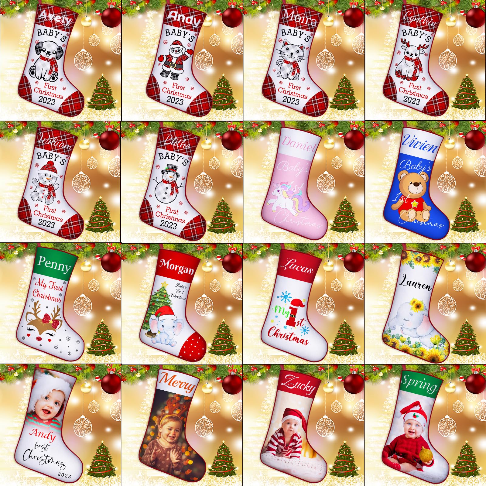 YanNanKe Personalized Baby 1st Christmas Stocking Custom Baby's First Christmas Stockings for Newborn with Name Photo Xmas Tree Fireplace Home Decoration Gift for Baby Girls & Baby Boys