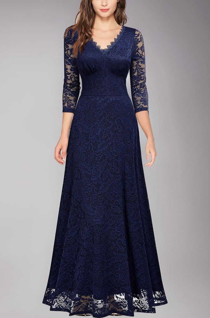 Buy MISSMAY Women's Formal Floral Lace 2/3 Sleeves Long Evening Party Maxi  Dress, Navy Blue, Medium at Amazon.in