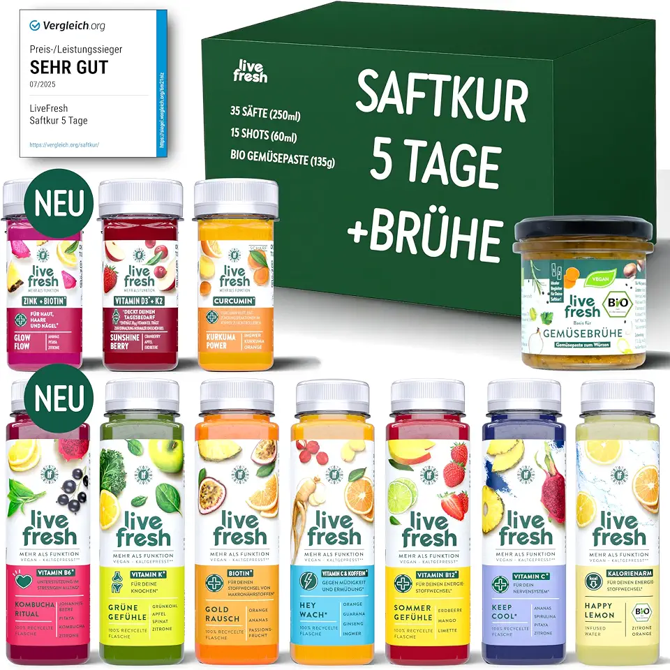 Ein neuer Trend zur Revitalisierung Ihres Körpers: Saftkur - Wie funktioniert's? 5 LiveFresh Saftkur 5 Tage + BIO Brühe – 35 Säfte (250ml) & 15 Shots (60ml) kaltgepresst¹ + Bio Gemüsepaste (135g) – 743 Kalorien pro Tag – Tipps zum nachhaltigen Abnehmen in der LiveFresh App