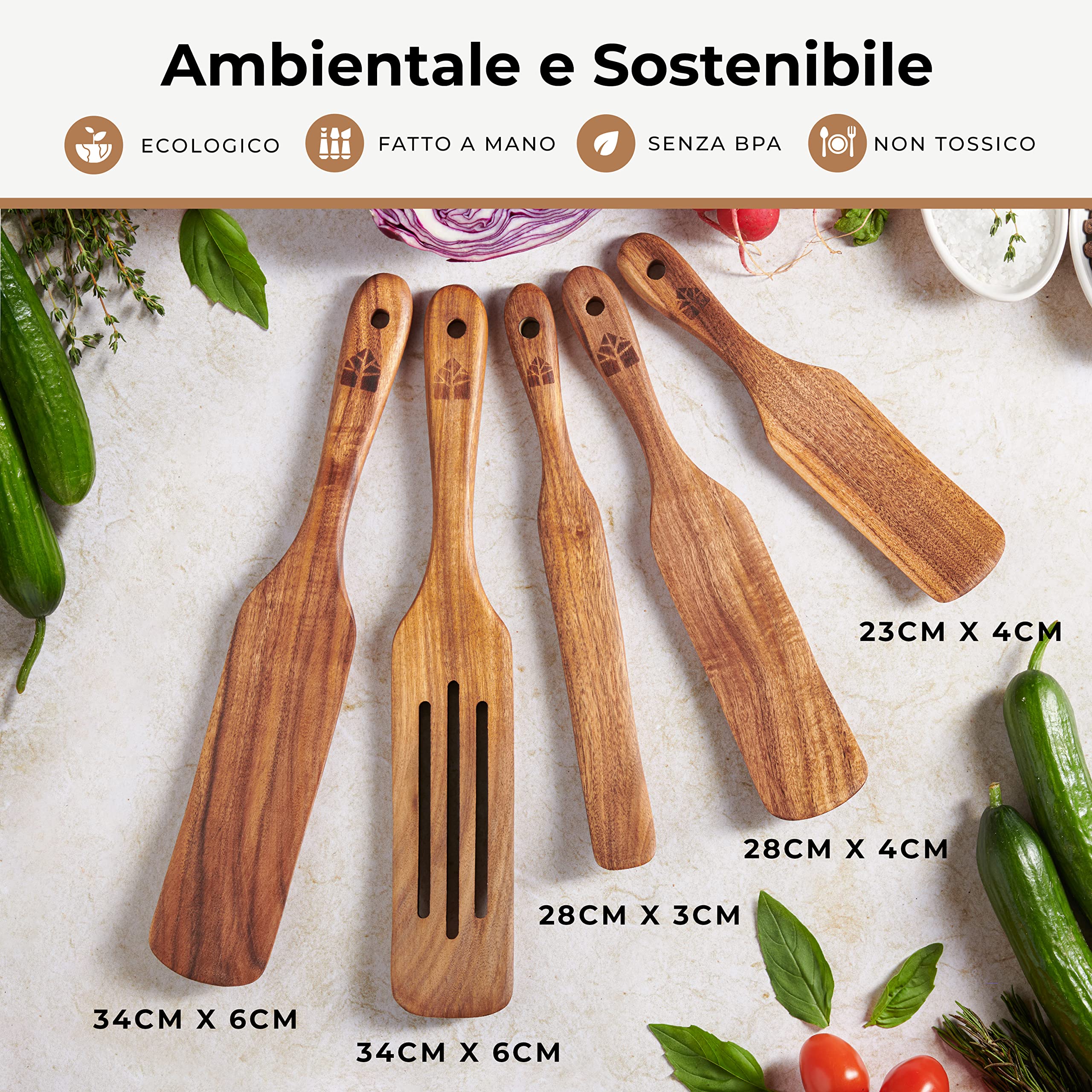 Set Spatole Spurtle Legno, Utensili Cucina Multiuso in Legno per Cucinare, Girare, Spalmare e Raschiare Alimenti, Fatte a Mano, Antigraffio, 5 pezzi