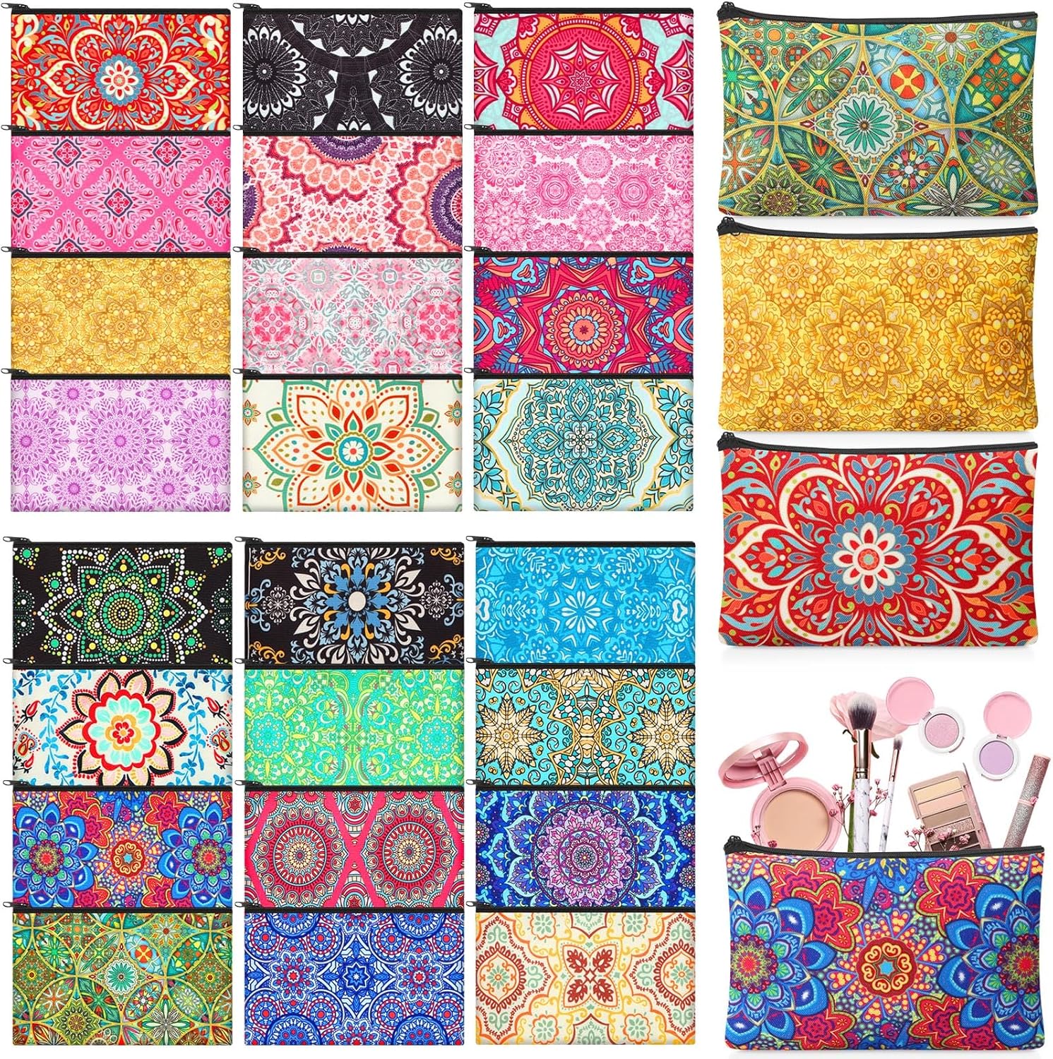 Meanplan 24 Pcs Mandala Cosmetic Bags Mandala Themed Makeup Bags Toiletry Pouch with Zipper Travel Cosmetic Organizer for Women and Girls 24 Styles