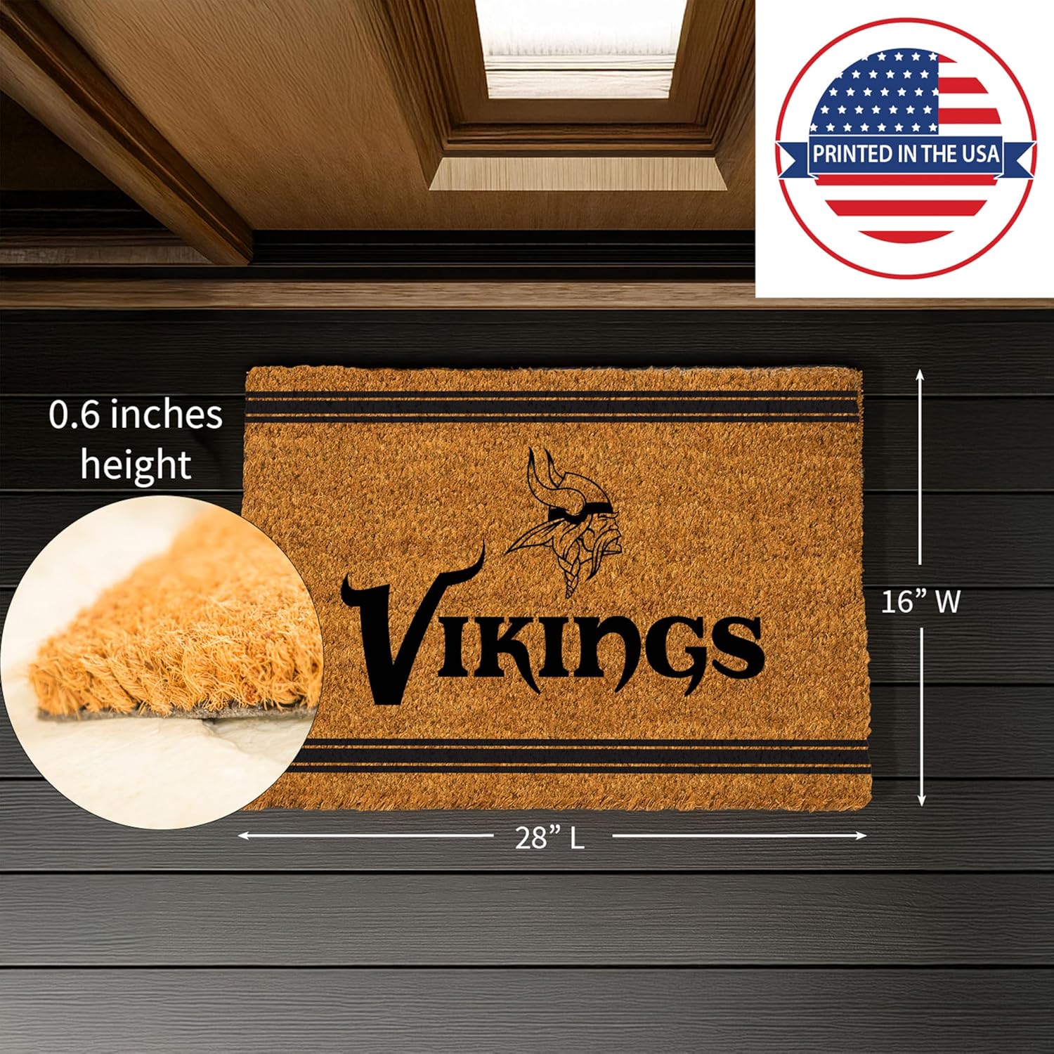 NFL Minnesota Vikings Natural Coir Door Mat, Indoor and Outdoor Entryway, 28 x 16 Inches, Non Slip Back, Welcome Floor Mats, Muddy Dog Paws, Front Door Entrance Home Décor