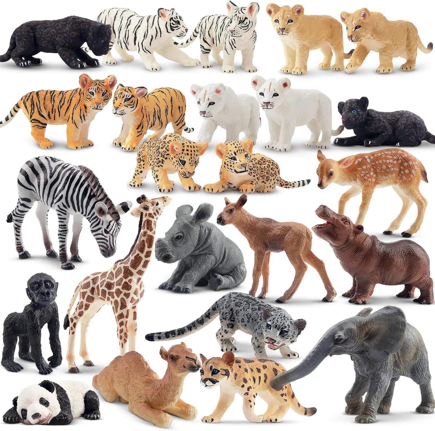 Toymany 24PCS Safari Animal Figurines, Realistic Zoo Animals Baby, Includes Lions Tigers Leopards Deer Elephant Cubs Figures, Cake Toppers Christmas Birthday Gift for Kids