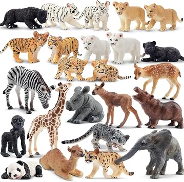 Toymany 24PCS Safari Animal Figurines, Realistic Zoo Animals Baby, Includes Lions Tigers Leopards Deer Elephant Cubs Figures, Cake Toppers Christmas Birthday Gift for Kids
