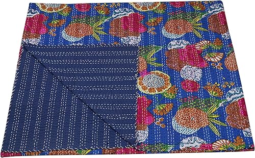 Vista 58 de Marubhumi Colcha Kantha reversible de algodón puro cosido a mano con estampado de frutas indias, edredón Kantha reversible (C verde, Queen