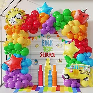 Enanal Back to School Balloon Garland Arch Kit, 159pcs Rainbow Balloons with School Bus Foil Balloons for Back to School Decoration 100th Day of School Kindergarten Graduation Party Supplies (Rainbow)