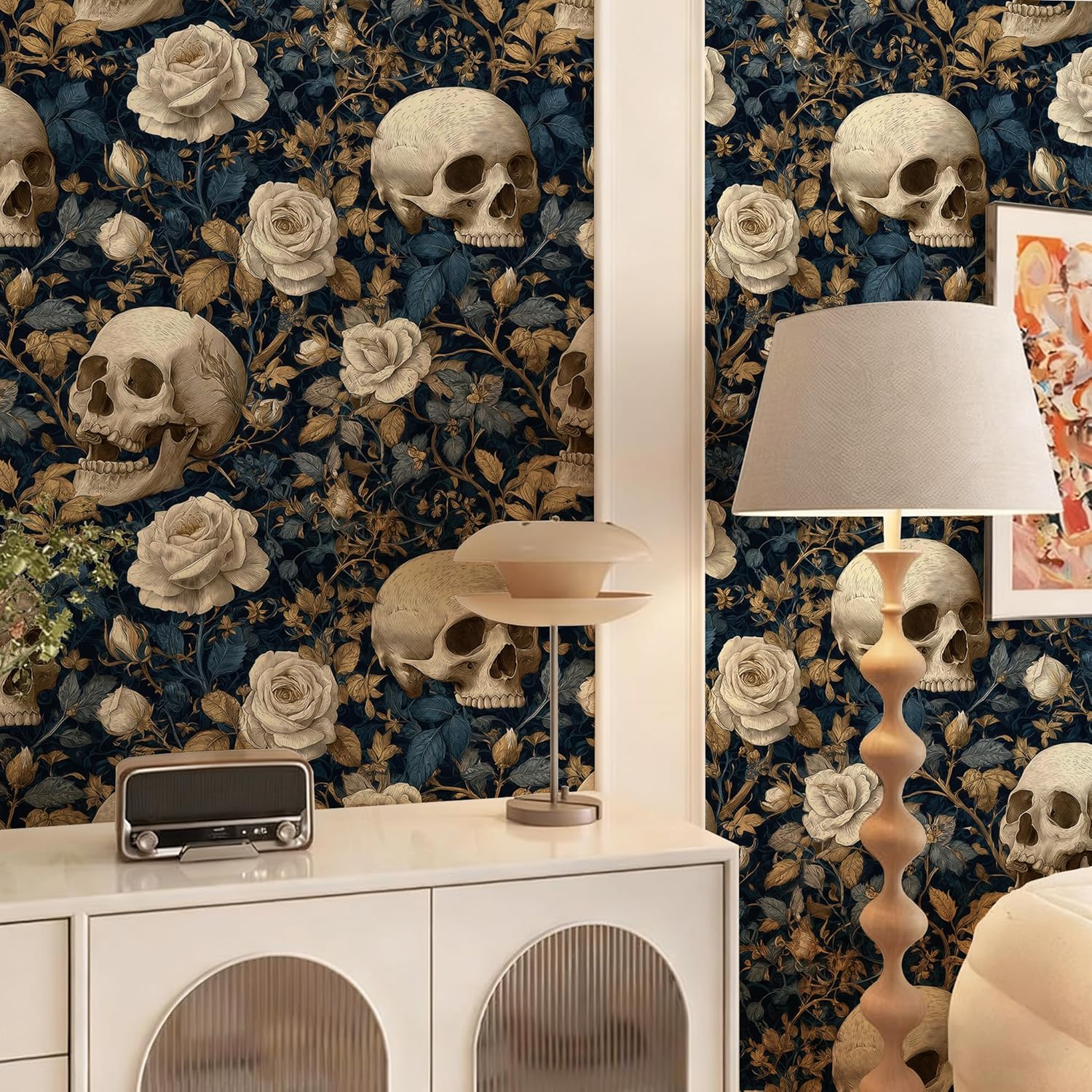 Peel and Stick Wallpaper - Gothic Dark Blue Skull & White Rose, Removable Self-Adhesive Mural for Living Room & Accent Wall, Edgy Luxe Decor, 17.7x236 Inch