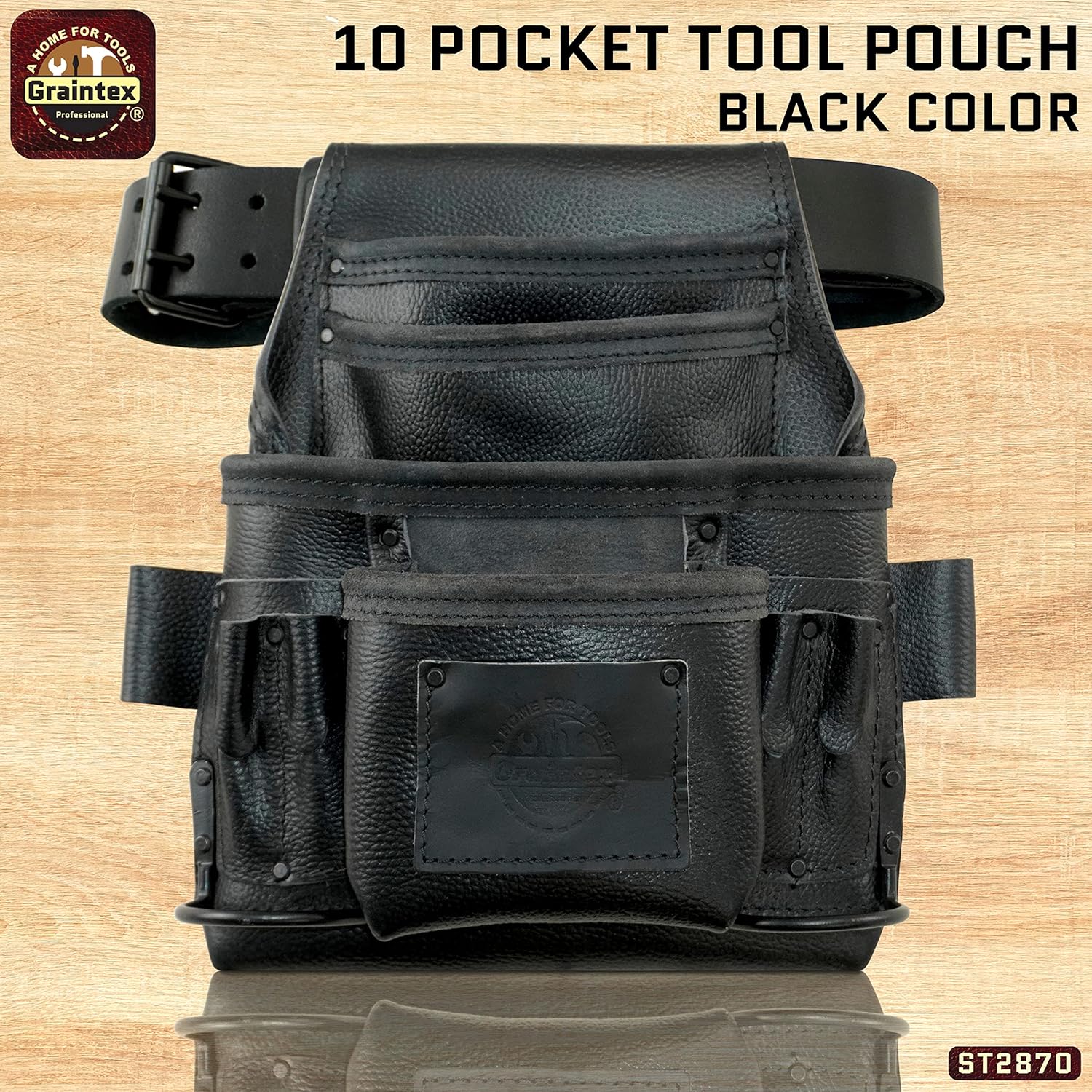 Graintex ST2870 :: 10 Pocket Nail & Tool Pouch Rugged Black Color Top Grain Leather with 2” Leather Belt for Framers, Constructors, Electricians, Plumbers, Handyman