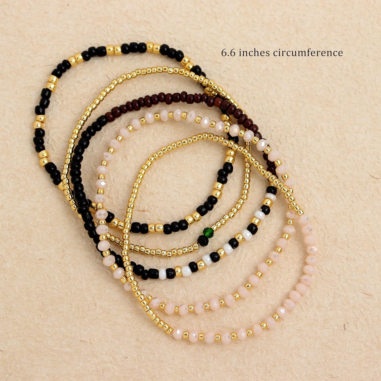Gemstone Gold Beaded Bracelets Stack Set for Women, 5Pcs Trendy Boho Handmade Natural Stone Black Beads Stackable Stretch Bracelet Prom Holiday Jewelry Gift. - Image 3