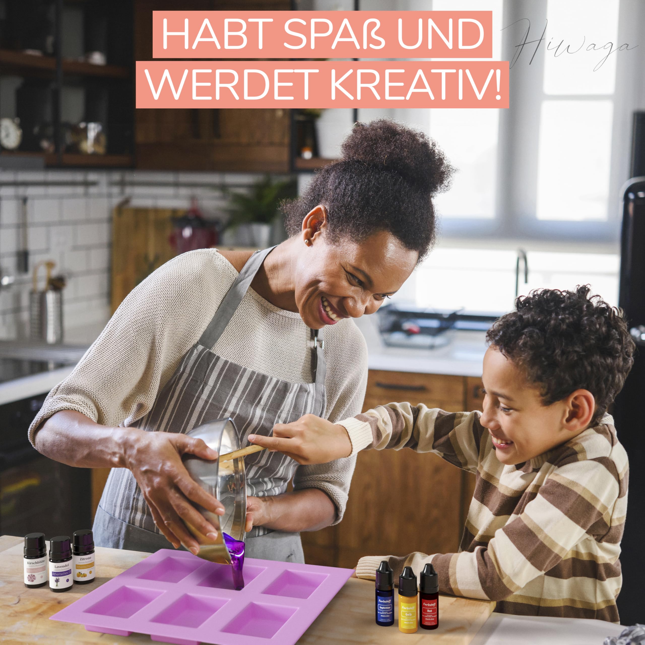 Hiwaga DIY Seifen selber machen Set für Erwachsene, Starterkit für kreative Seifenherstellung, Seife selber machen Set Erwachsene, Komplettset inkl. Rohseifen, Farben, Duftöle und Silikonform