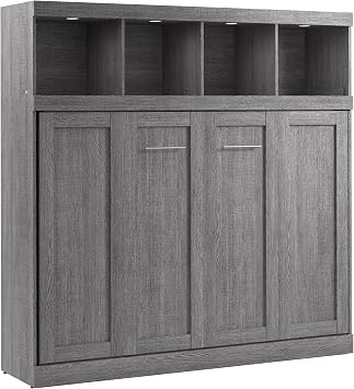 Bestar Pur Full Horizontal Murphy Bed with Storage & Charging, Grey, 80W | Low-clearance horizontal fold; supports up to 1000 lb; dual piston mechanism; for guest room or multipurpose space