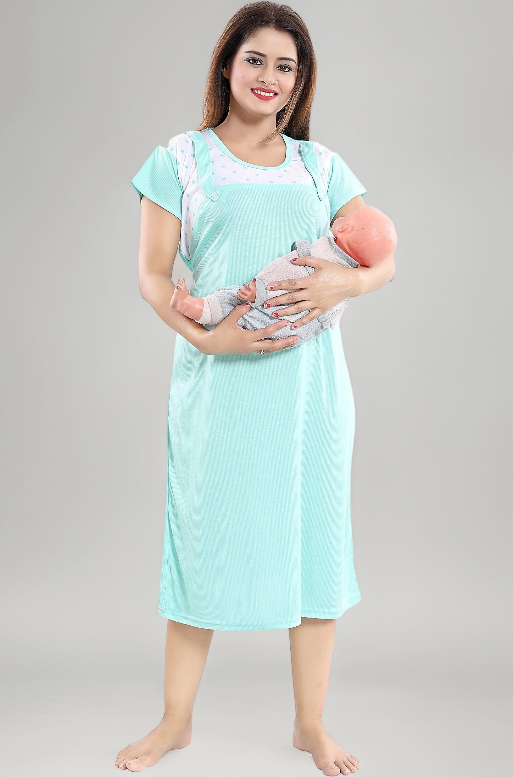 Fabme Women's Polyester Blend Dungaree Knee Length Nighty Pre and Post Pregnancy