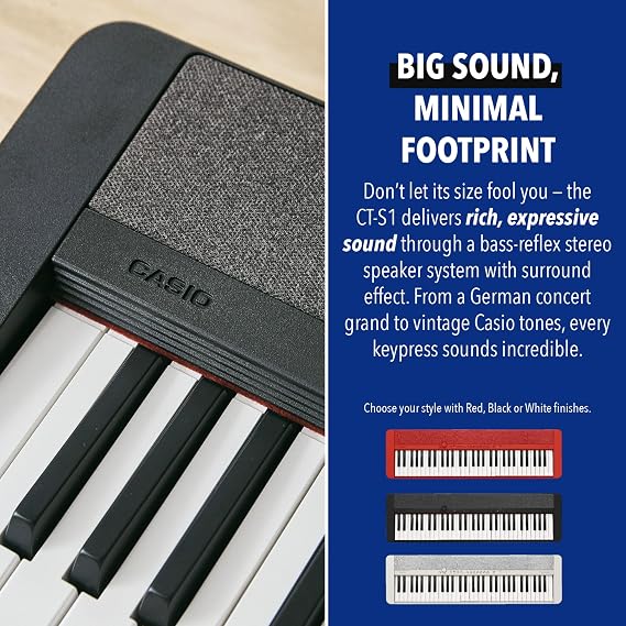 Casio Casiotone CT-S1 – 61-Key Touch-Sensitive Retro Keyboard | Sleek, Portable Design for Beginners to Pros | Stereo Grand Piano + 60 AiX Tones | USB-MIDI Connectivity | Black