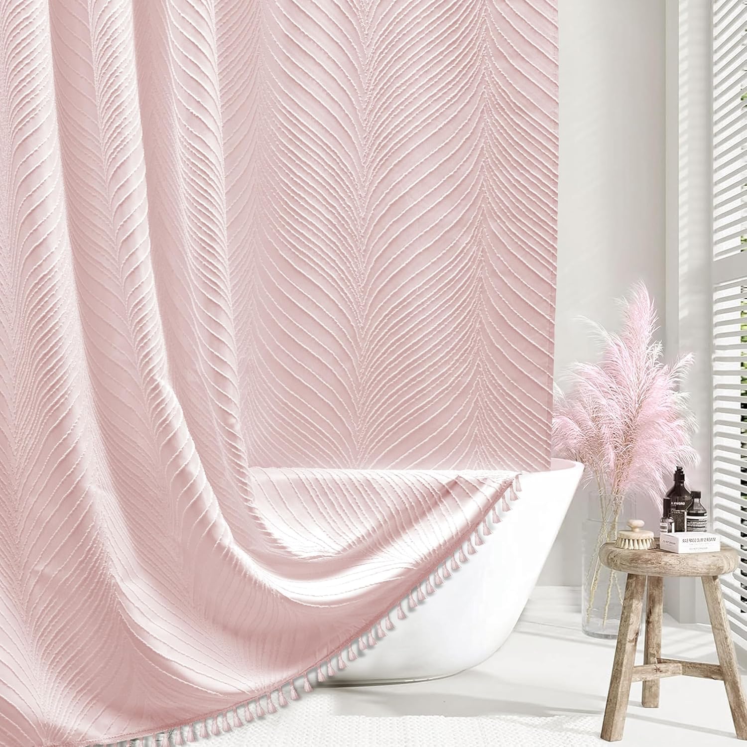 Extra Long Shower Curtain Pink 84 Inch Shower Curtain Boho Woven Fabric Tufted Leaves Textured Shower Curtains for Bathroom