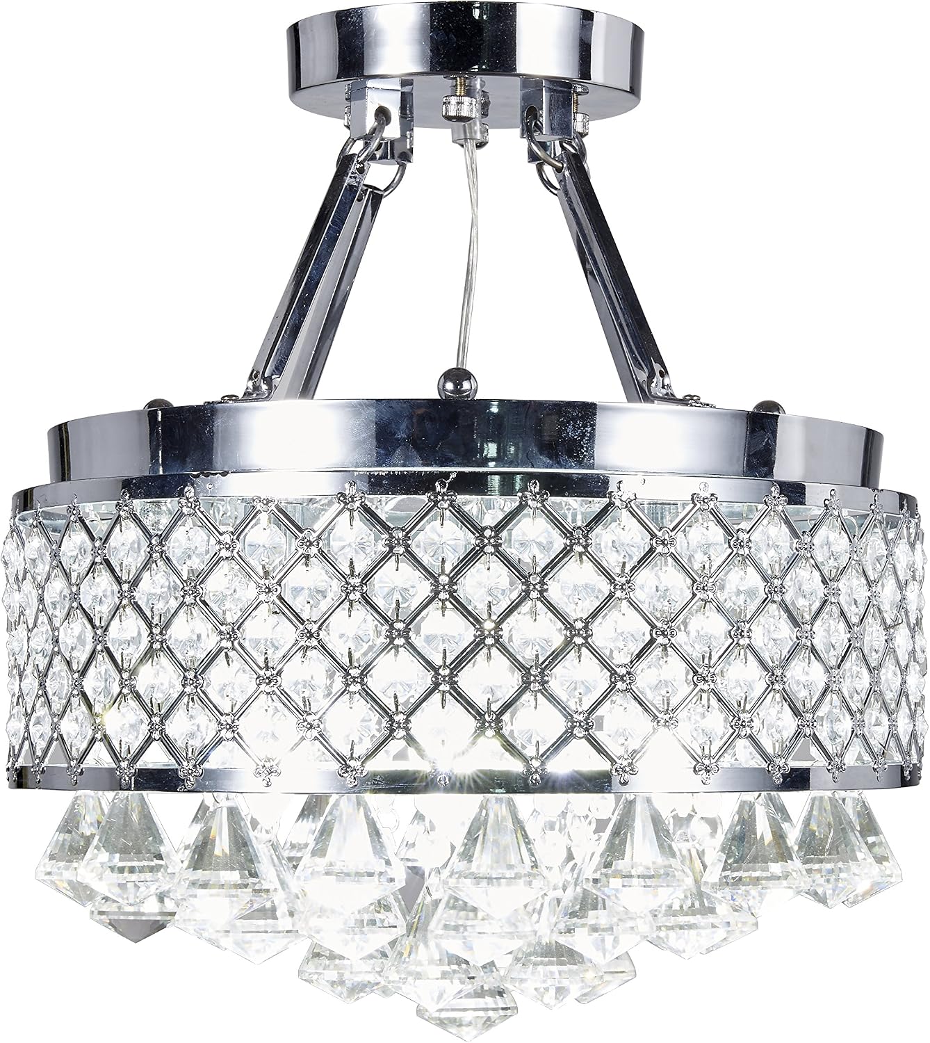 Best Deal 🛒 Diamond Life 4-Light Chrome Finish Round Metal Shade Crystal Chandelier Semi-Flush Mount Ceiling Fixture