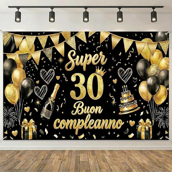 Striscione di Compleanno 18 30 40 50 60 70 80 Anni, Compleanno Festa Decorazioni Oro Nero, Fondale per Decorazioni del Buon Compleanno Decorazione 180x115 cm, (30 Anni) - 1