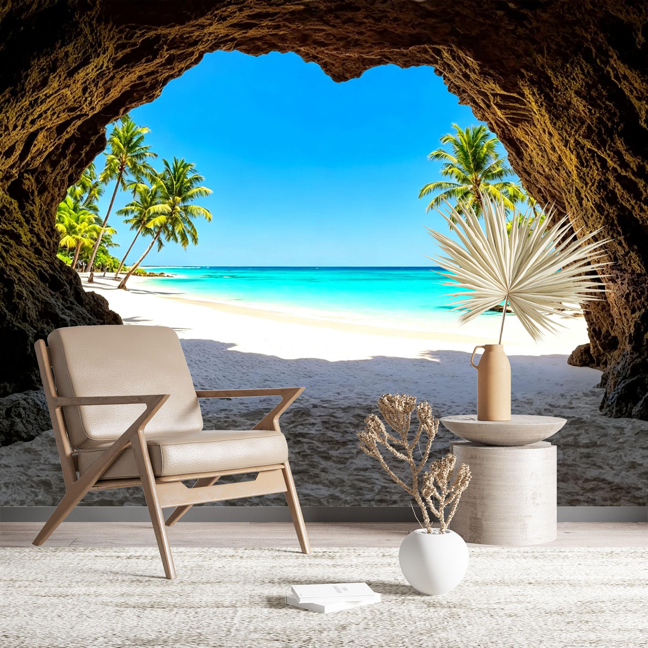 Custom Size Wall Murals Tropical Beach Cave View Self-Adhesive Wall Fabric (NO PVC) Removable Wallpaper for Living Room Bedroom