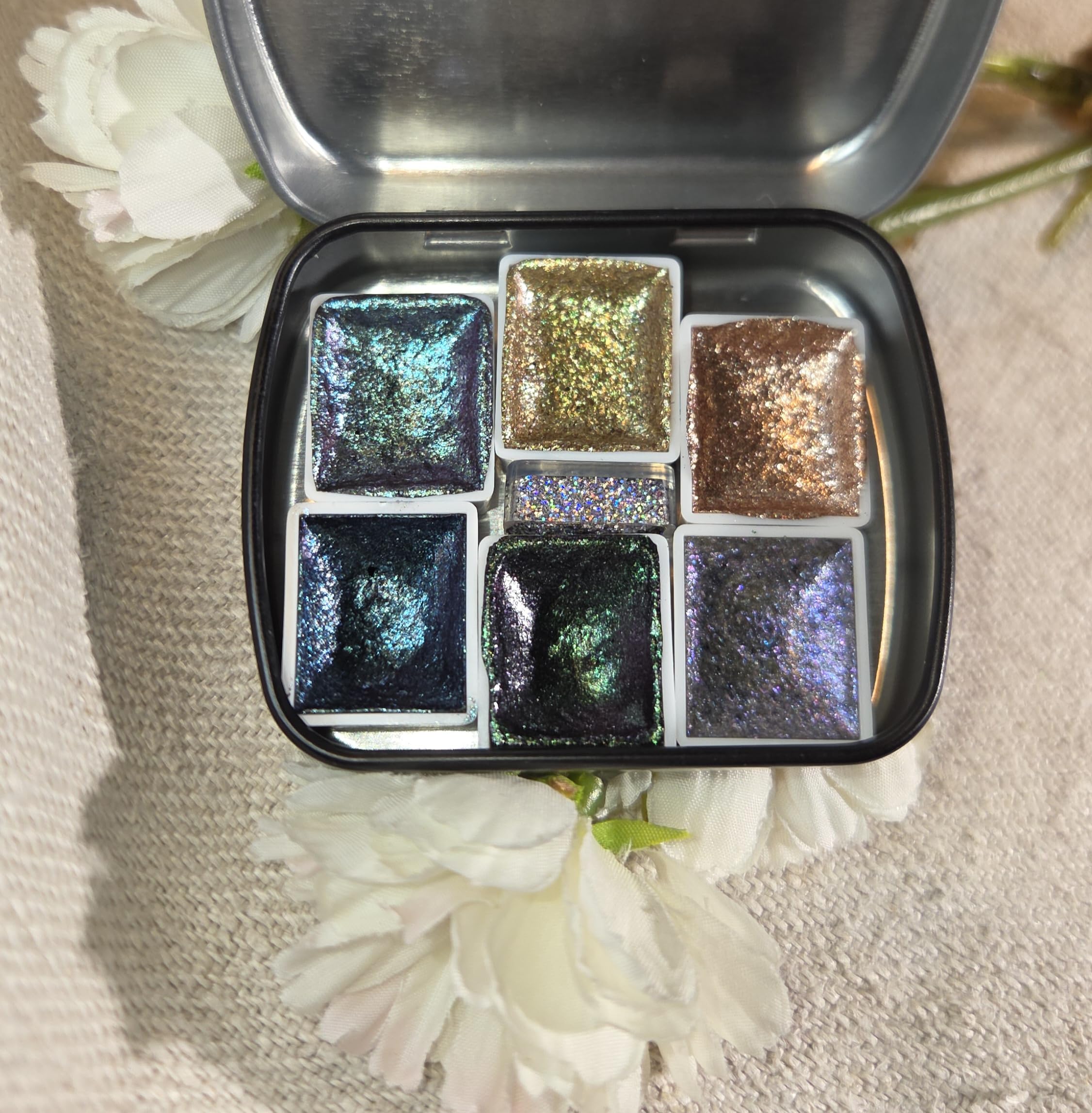 Holografische Glitter Aquarellfarbe, Glitzer Aquarell für besondere Highlight Glitzer Wasserfarben Holografische Farbe 1/2 Pfanne Metalliceffekt Aquarellfarbe (Aquarius Holo set)