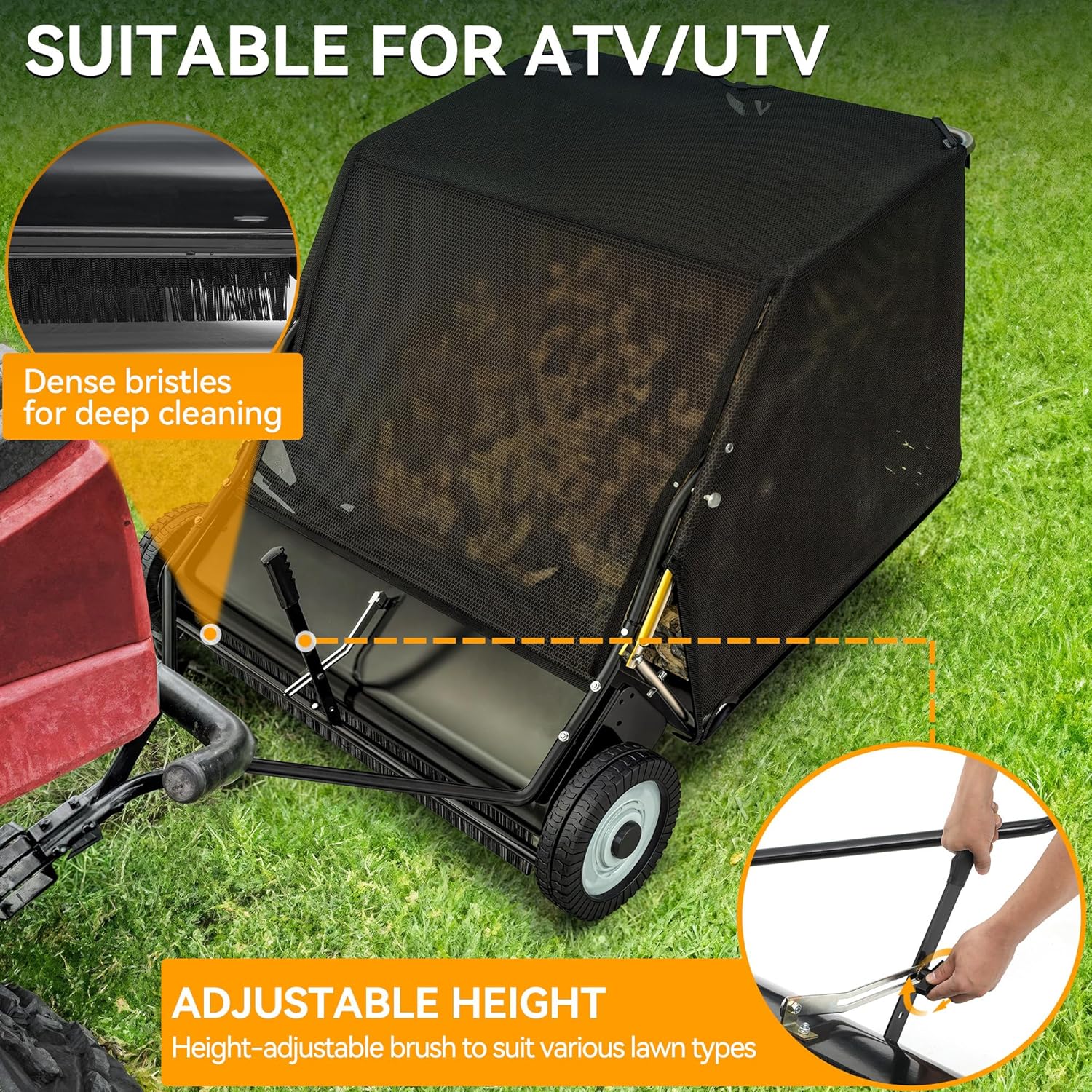 YINTATECH Tow-Behind Lawn Sweeper,42" Pull Behind Heavy-Duty Garden Sweeper with Hopper Bag,Grass Collector,Adjustable Brush Height,Anti-Splash Cover,Dumping Rope from Seat Handle for Yard Lawn